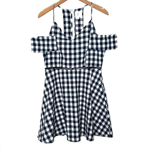 J by J.O.A. Blue Gingham Check Cold Shoulder Flare Dress Size Large - Picture 1 of 15